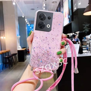 พร้อมส่ง เคสโทรศัพท์มือถือ ซิลิโคนนิ่ม TPU ใส ลายกลิตเตอร์ดาว ท้องฟ้ากลางคืน สีเขียว ม่วง ชมพู พร้อมสายคล้องคอ สําหรับ OPPO Reno Reno 8 7 6 Z Pro A77 4G 5G Reno8Z 8Pro