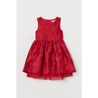 H&amp;M เดรสเด็กผู้หญิง เดรสออกงาน แขนกุด สีแดง กระโปรงทรงบาน จีบพอง ซ่อนชั้นตาข่าย ผ้าลายดอกไม้