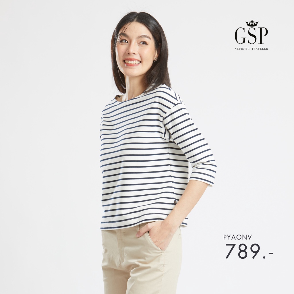 GSP เสื้อยืด เสื้อยืดผู้หญิง Blouse แขนยาวลายริ้วสีขาวกรม Lucky Stripes (PYAONV)