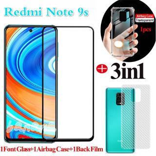 ( 3 In 1 )Xiaomi Redmi Note 9s Note 9 Pro Max Full Screen Tempered Glass Film +TPU case+Carbon Fiber Back Film