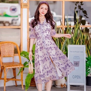 พร้อมส่ง มี2สี Maxidress เดรสลายดอกไม้ ผ้าลูกไม้เนื้อดี กระดุมผ่าหน้า แขน3ส่วน โทนสีครีม เดรสกระโปรงยาว เดรสงานป้าย