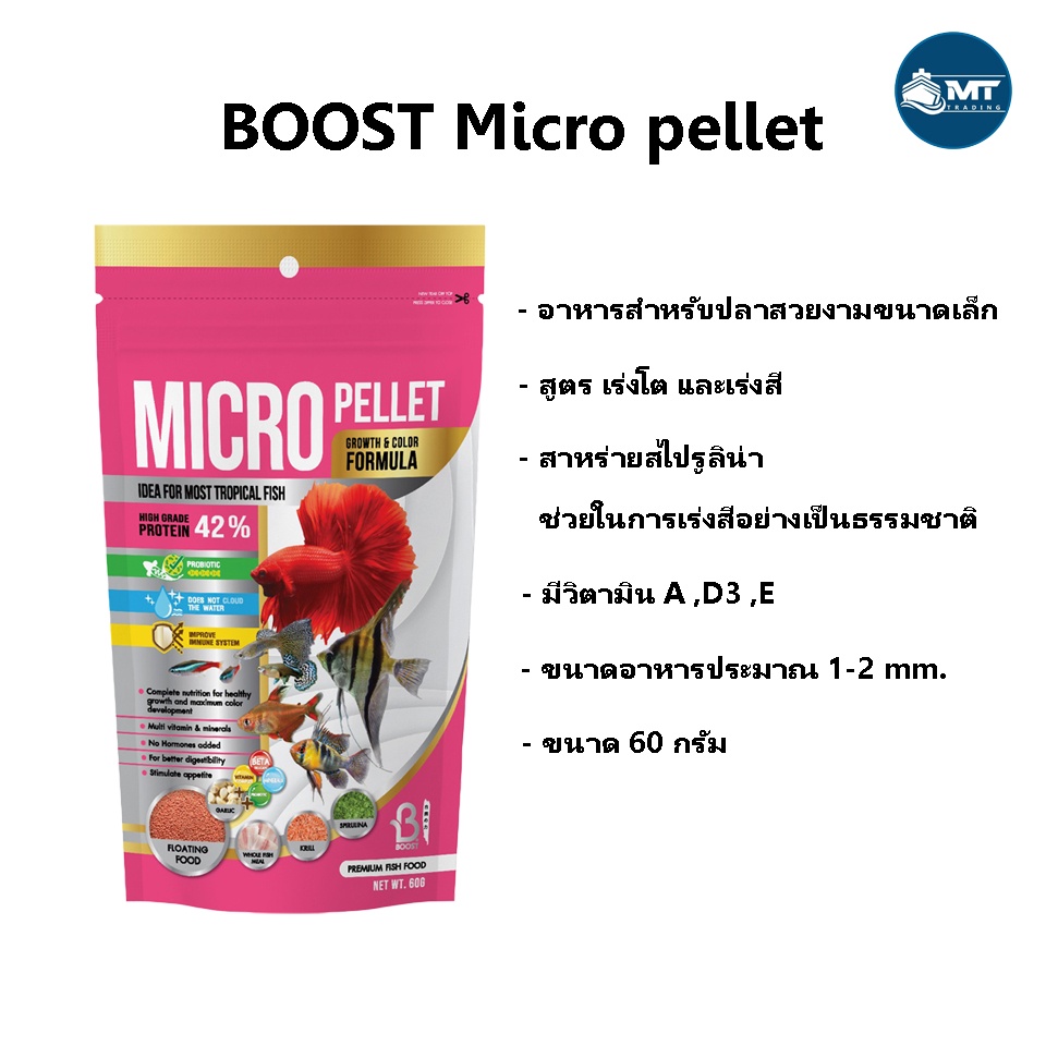 BOOST MICRO PELLET GROWTH&COLOR 60 g.(อาหารสำหรับปลาขนาดเล็ก สูตรเร่งโต และเร่งสี)