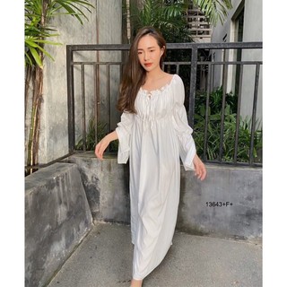 ❤️TW13643 Maxi Dress แม็กซี่เดรสยาว แขนจั้ม 2 ชั้น ปลายแขนผ่า สไตล์เจ้าหญิง อกสม็อคมีเชือกผูก เนื้อผ้าไหมอิตาลี่