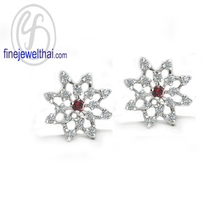 Finejewelthai-ต่างหูโกเมน-โกเมน-ต่างหูเงินแท้-ต่างหูเพชรCZ-พลอยประจำเดือนเกิด-Garnet-Silver-Earring-Birthstone-E1094gm