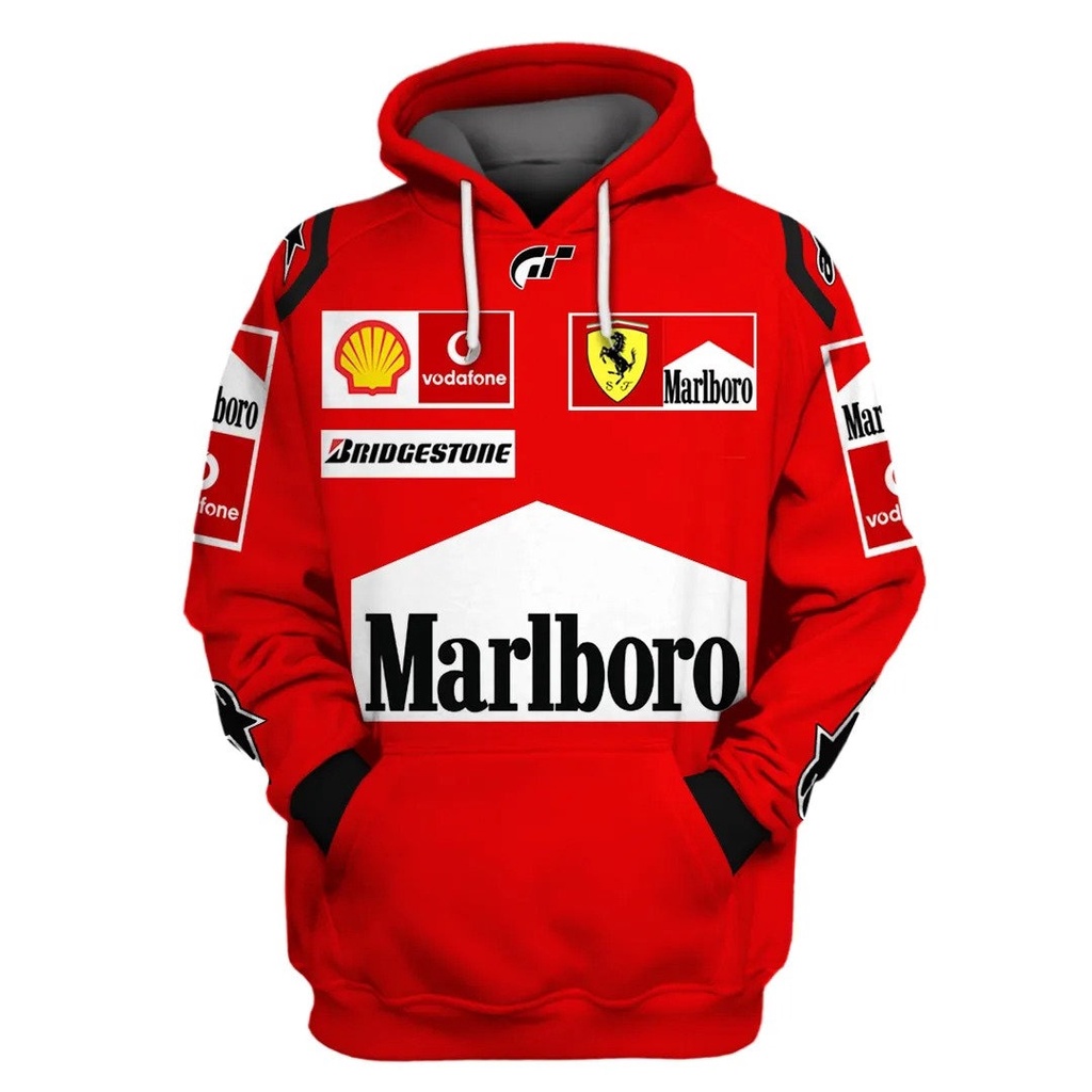 เสื้อกันหนาว มีฮู้ด พิมพ์ลาย Ferrari Marlboro 3D F1 สีแดง 3D