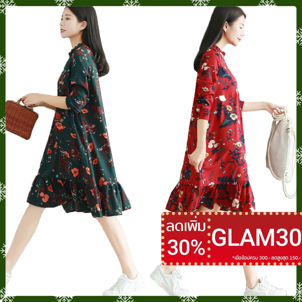 โค้ดGLAM30 ลด30% ชุดเดรส แขนยาว พิมพ์ลายดอกไม้ สำหรับผู้หญิง ราคา เดรส