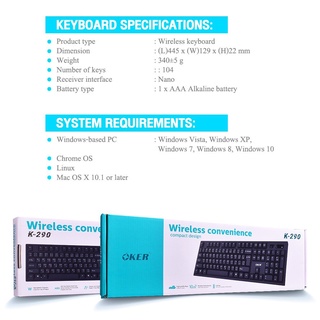 คีย์บอร์ดไร้สาย OKER K-290 Wireless KEYBOARD 2.4 GHz