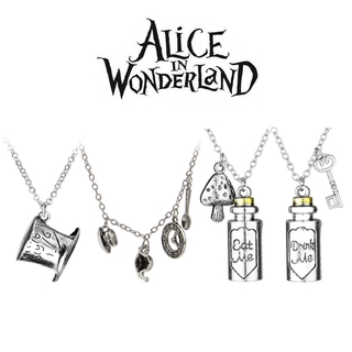 สร้อยคอ พร้อมจี้นาฬิกา และหมวก ลาย Alice In Wonderland สําหรับคู่รัก