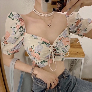 พร้อมส่งจากไทย 🇹🇭 เสื้อครอปแขนตุ๊กตา เชือกผูกหน้า ผ้าใส่สบายรับซัมเมอร์