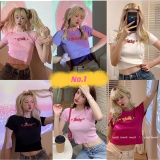No.1🍒พร้อมส่ง🍒เสื้อครอปคอกลม ปักลายภาษาอังกฤษ(3519)