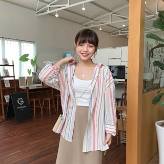 💐 Charming striped shirt เสื้อเชิ้ต ลายทางตัด หลายสี เนื้อผ้าโพลีเอสเตอร์ผสม 🌈