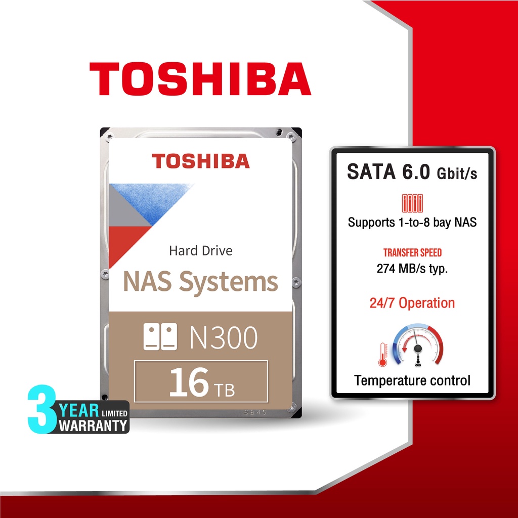 Toshiba INT NAS HDD 16TB 3.5" (N300) SATA 3.5 7200RPM C/B 256MB Internal Harddisk TSB-HDWG31GUZSVA
