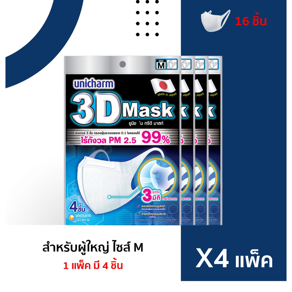หน้ากากอนามัยผู้ใหญ่ Unicharm 3D Mask  ขนาด M  (16 ชิ้น)