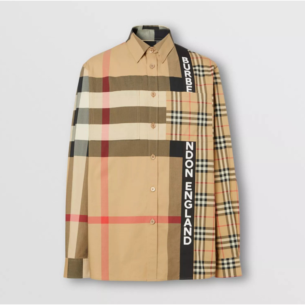 BURBERRY Logo Print Patchwork Check Cotton Oversized Shirt เสื้อเชิ้ตแบรนด์burberry คุณภาพเทียบช็อป 