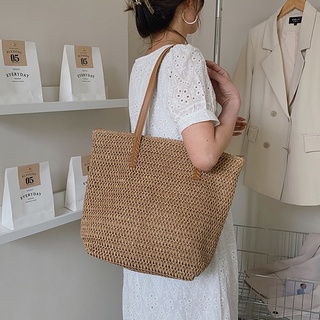 กระเป๋าสาน tote bag ไปทะเล สายหนัง ใบใหญ่ มีซับใน P129