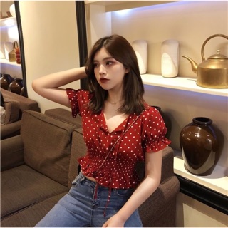 🍒Polka dot doll shirt เสื้อครอปลายจุดสีแดง เนื้อผ้าชีฟองผสม 🌈