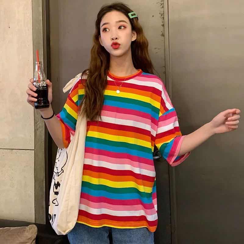 ✨MKL เสื้อลายทางเส้นเล็กสีรุ้ง ⚛️ แบบใหม่สไตล์เกาหลี Oversize  #009