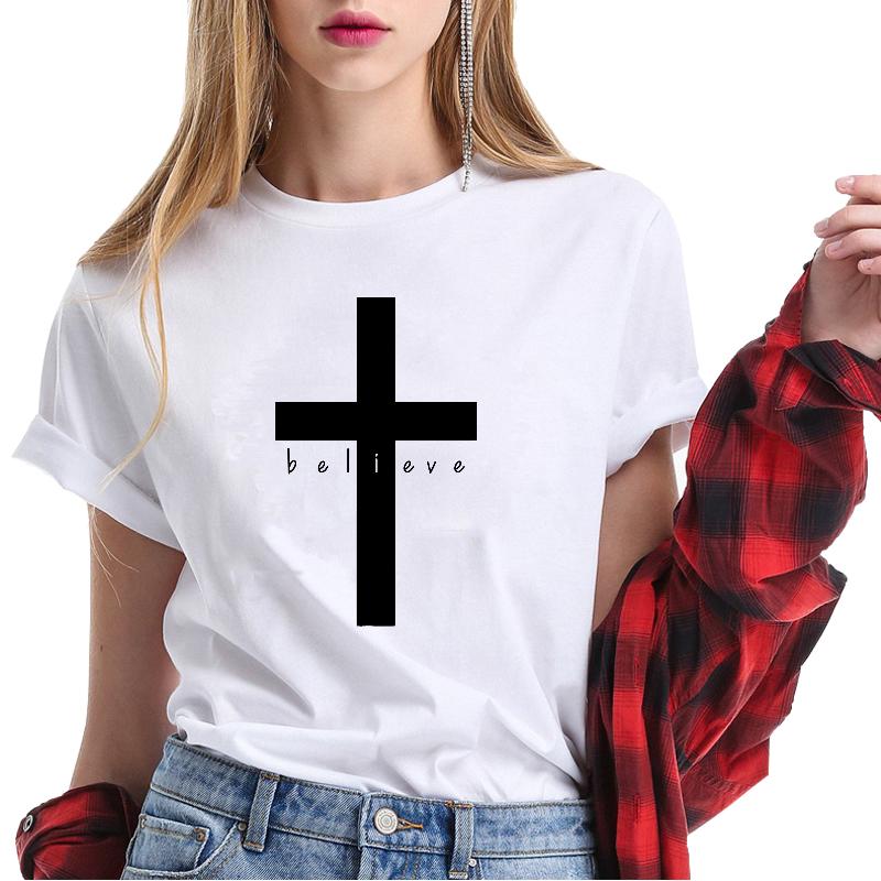 เสื้อยืด oversize แฟชั่นเกาหลี สไตล์เกาหลี Cross believe Women Short Sleeve Casual T-shirt