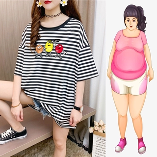 【Plus Size】เสื้อยืด แขนสั้น ลายทาง ทรงหลวม พลัสไซซ์ แฟชั่นฤดูร้อน 150 กก.