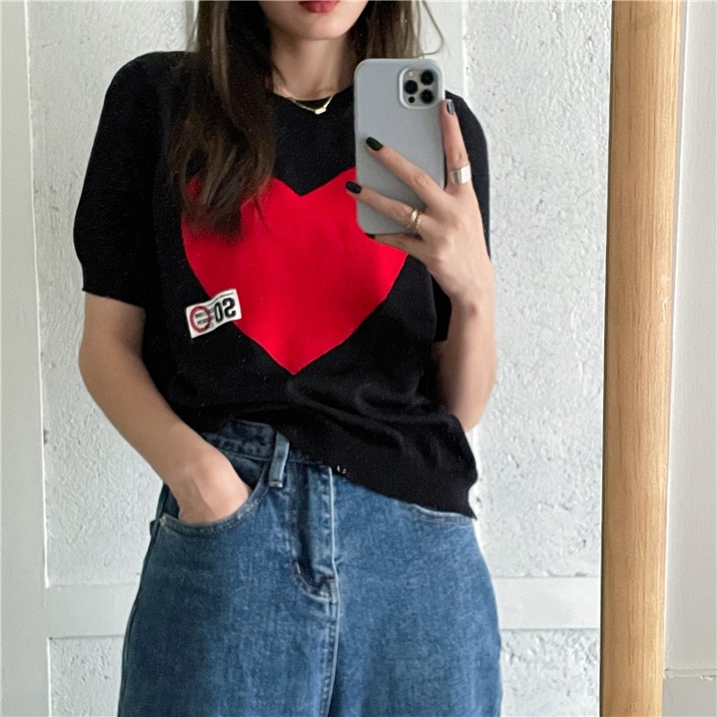 Dahong 9042 เสื้อกันหนาวหัวใจ ต้นฤดูใบไม้ผลิ เสื้อกันหนาว ส่วนบาง แขนสั้น