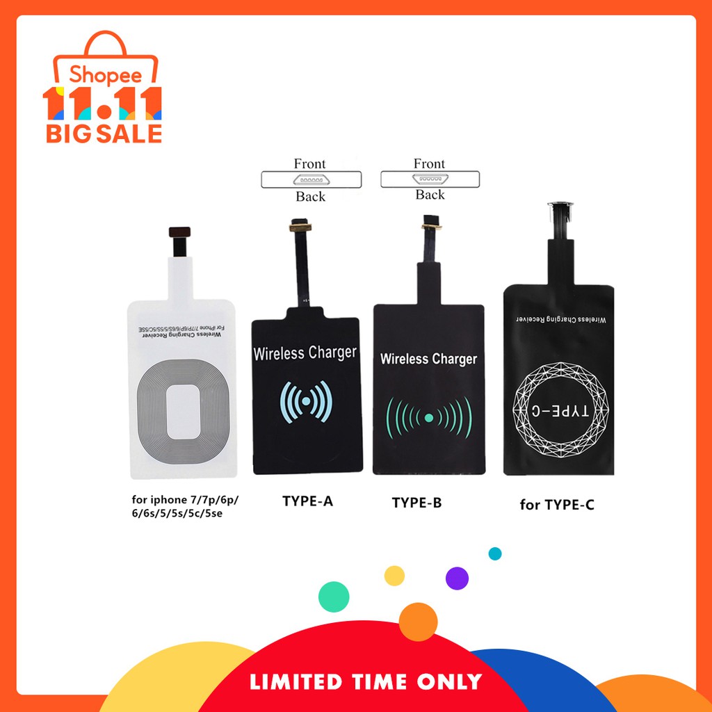 Qi Wireless Charging Receiver Pad Kit สําหรับ Android iPhone โทรศัพท์มือถือ Type C เครื่องชาร์จไร้สาย