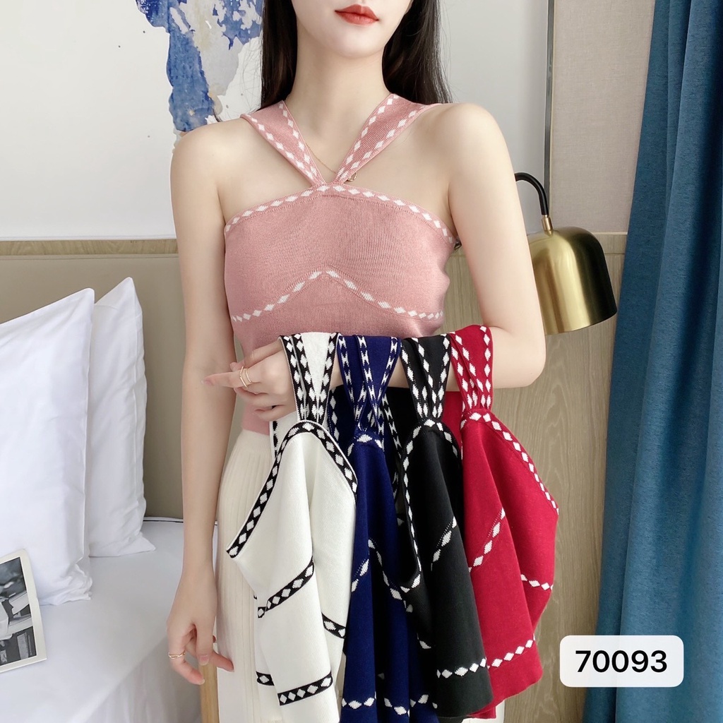 เสื้อแฟร์ชั่นเกาะอกสายขว้ายกันแบบเก๋สไตล์ใหม่มาแรง ผ้าไหมพรมสไตล์เกาหลี (สินค้าพร้อมส่ง#70093)