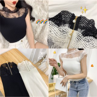 🔥ราคาถูกที่สุด🔥เสื้อแขนกุดผ้าร่อง แต่งลูกไม้ซีทรู ผ้ายืดเยอะ ด้านหลังเป็นซิปแต่งมุก แฟชั่นเกาหลีแนวน่ารักเซ็กซี่