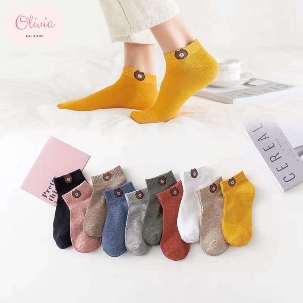 Olivia ถุงเท้าลายหมี/แมว/ผลไม้ ซื้อ 10 คู่(แถมถุงหมี) ถุงเท้าข้อสั้น น่ารักๆ #TT002