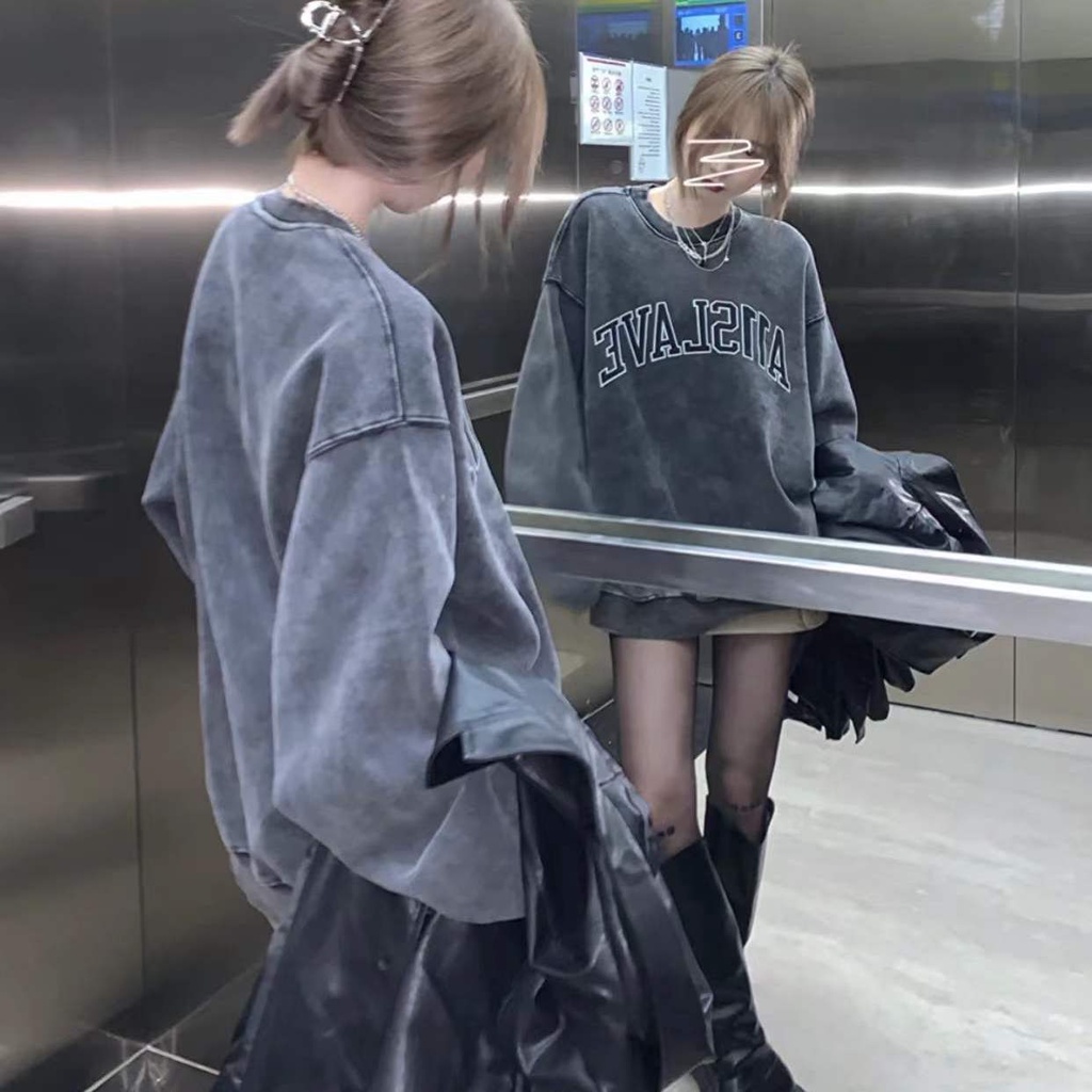 【 พร้อมส่ง 】ใหม่ เสื้อกันหนาว แขนยาว สีเทาเข้ม สไตล์เกาหลี เรโทร แฟชั่นฤดูใบไม้ร่วง ฤดูหนาว สําหรับผู้หญิง