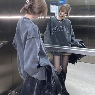 【 พร้อมส่ง 】ใหม่ เสื้อกันหนาว แขนยาว สีเทาเข้ม สไตล์เกาหลี เรโทร แฟชั่นฤดูใบไม้ร่วง ฤดูหนาว สําหรับผู้หญิง
