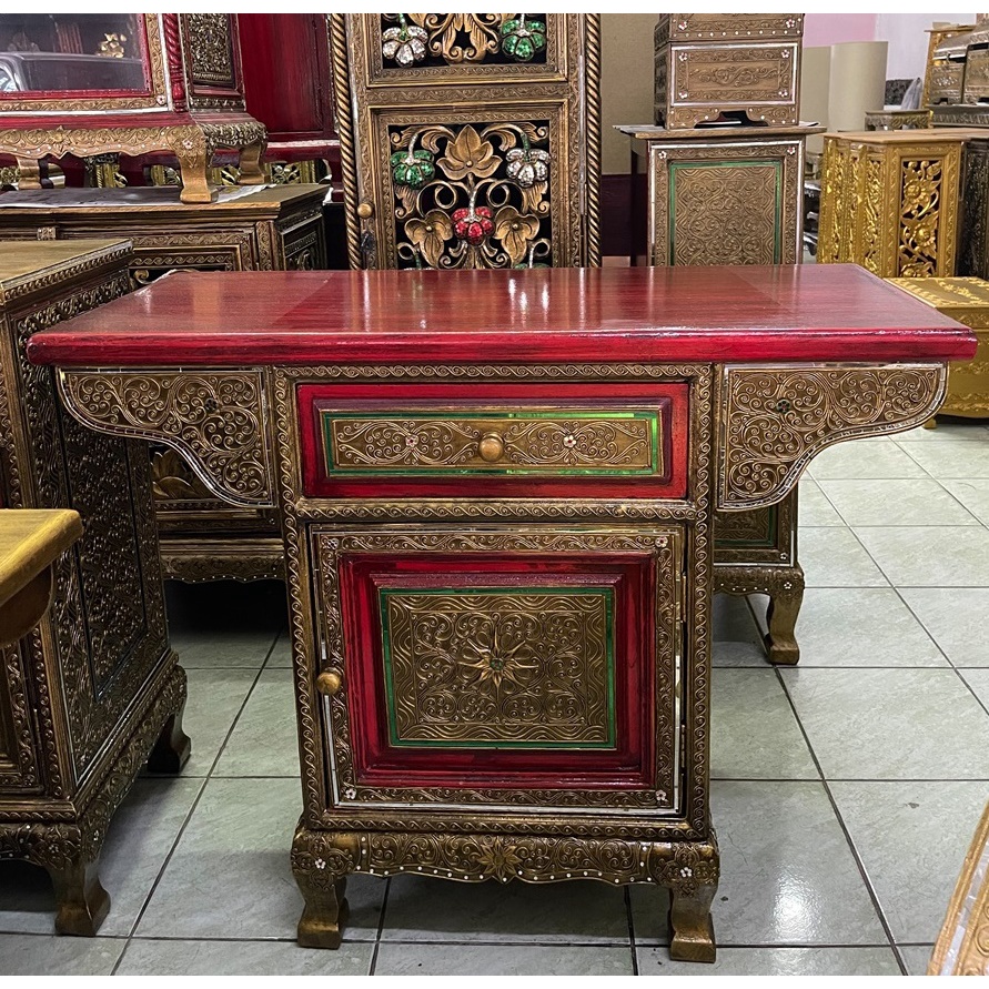 ตู้ไม้แกะสลัก ตู้จีน โต๊ะจีน สีแดง  ย 95 xล40cm xส 75cm 1 ลิ้นชัก 1บานเปิด โต๊ะวางพระบูชา วางค์องค์เทพ ตู้หัวเตียง ตู้เก