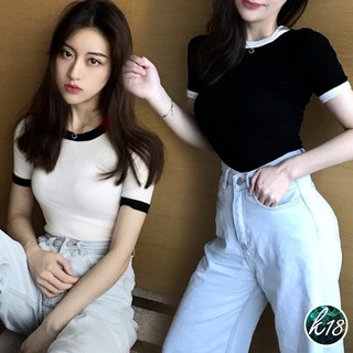 K18💜Korean เสื้อครอป แขนสั้น คอกลม กุ้นขอบ