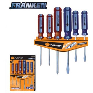 PUMPKIN ไขควงชุด FRANKEN CRV - 6ตัว/ชุด พร้อมที่แขวนเก็บ รุ่น 6FK-SET (17205) ด้ามจับผลิตจาก PVC แข็งแรง