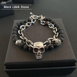 กำไลหินมงคล ส่งฟรี Double Bracelet : Black LAVA Stone (Skull)