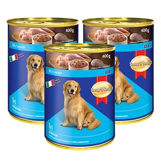 อาหารกระป๋องสุนัข รสไก่ 400กรัม (3 กระป๋อง) Smartheart Can Chicken Dog Food 400g (3 cans)