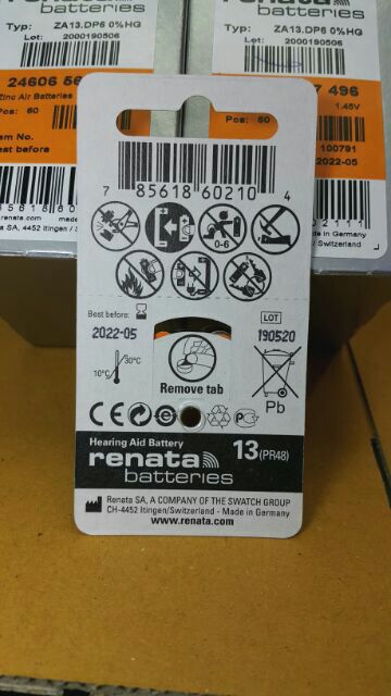 [ ถ่านหู Z13/ Renata ] ถ่านใส่เครื่องช่วยฟัง renata ZA13/PR48 (1.45V) 0%HG