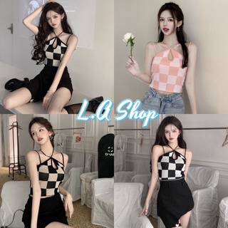 L.A SHOP🌟พร้อมส่ง🌟เสื้อสายเดี่ยวไหมลายตารางใหญ่ ดีเทลเพิ่มสายผูกคอ (22013/22013-3)