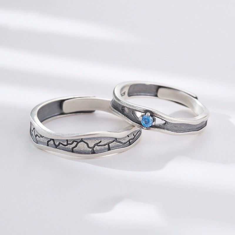 2PCS S925 เงินสเตอร์ลิงเปิดแหวนหมั้นแหวนคู่ Sky Earth Blue CZ เพชร 2In1 Eternal Love แหวนปรับ Custom