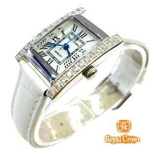 Royal Crown นาฬิกาข้อมือผู้หญิง สายหนังแท้ ประดับเพชร cz อย่างดี รุ่น 6306 - (White)