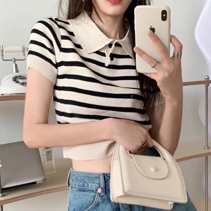 Lady_Girl 29019/AB.E#เสื้อแฟชั่นไหมพรม​แขนสั้นลายทาง#เสื้อครอปคอปกกระดุมหน้า 2 เม็ด