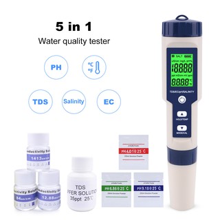 เครื่องทดสอบการตรวจสอบคุณภาพน้ำ 5-in-1 PH ความเค็ม อุณหภูมิ TDS แบ็กไลท์ EC