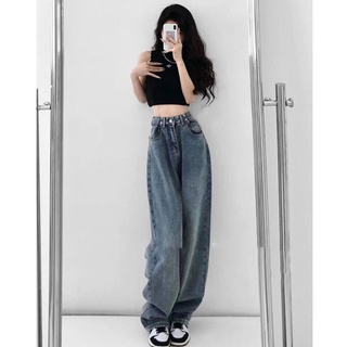 Emily Fashion Shop กางเกงยีนขายาว เอวสูง ทรงหลวม เข้ารูป สามารถปรับได้ แฟชั่นเรโทร สไตล์เกาหลี สําหรับสตรี