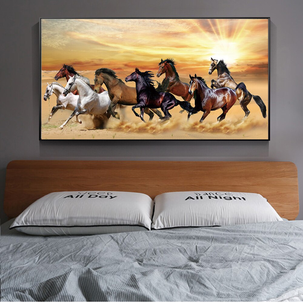 วิ่ง Horses ภาพวาดผ้าใบ Wall Art พิมพ์ Sunset ภูมิทัศน์สัตว์โปสเตอร์พิมพ์ Unframed