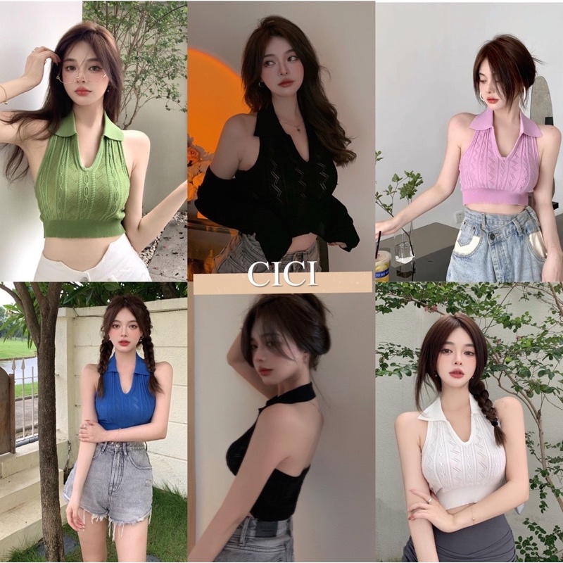ส่งทันที Cici(NO. 8078)เสื้อกล้ามครอปคอปก ผ้าไหมพรมยืดได้เยอะ แมทช์ลุคแซ่บ
