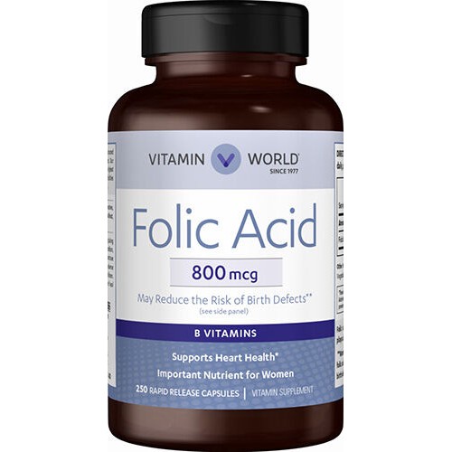Folic Acid 800 mcg 250 Capsules (Vitamin World 12866)
