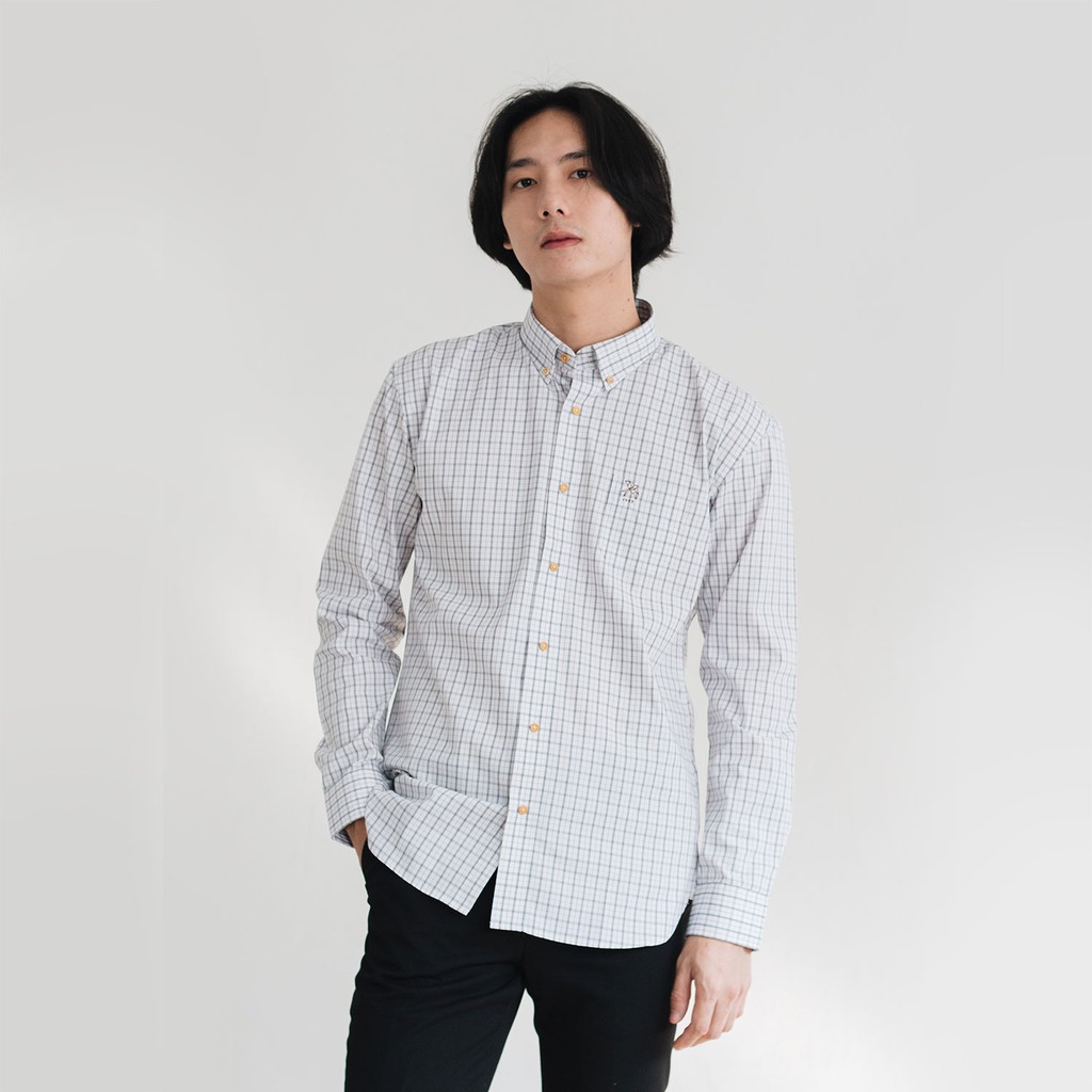 (NO XL) ISSARA Original เสื้อเชิ้ตชาย ปกกระดุม ทรงสลิม ตารางดำ origami swallow - รูปที่ 2