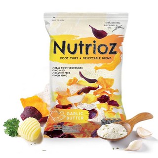 Nutrioz Mixed Root Chips Butter &amp; Garlice 50g. มันหวานหลากชนิดผสมเผือกทอดอบกรอบ รสเนยกระเทียม ตรานูเทรียส 50 กรัม