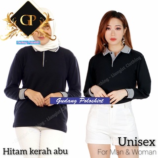 เสื้อโปโลแขนยาว คอปก สีดํา สีเทา สําหรับผู้ชาย และผู้หญิง