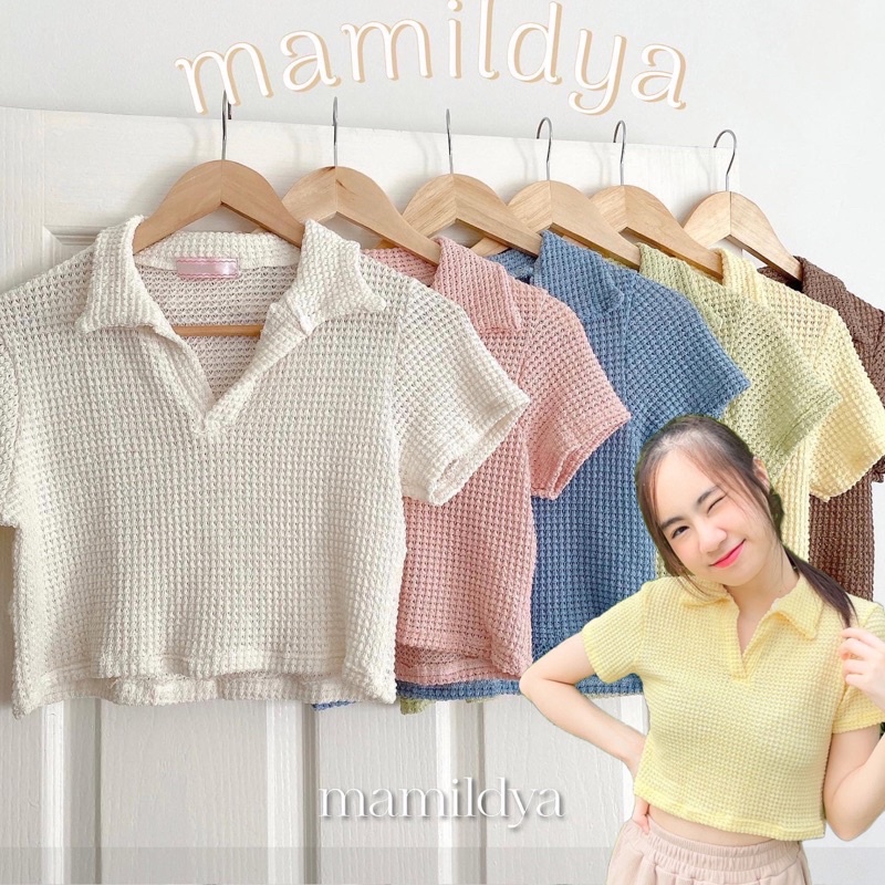 เสื้อครอปคอปก ผ้านิ่ม แต่งคอวี / Wila BV