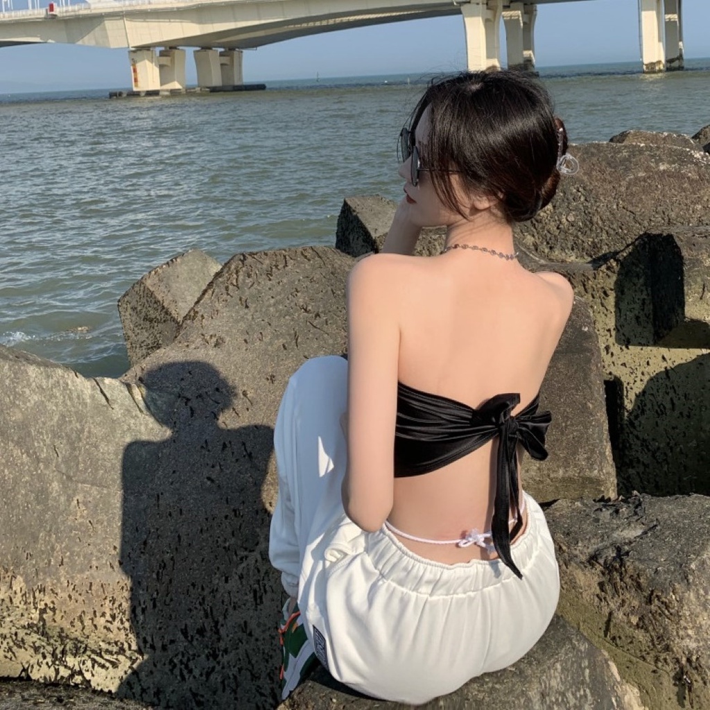 ✅ส่งไว✅สต็อกไทย เสื้อเกาะอก ผูกหลังอกแต่งเย็บป้าย 2 สี - รูปที่ 4